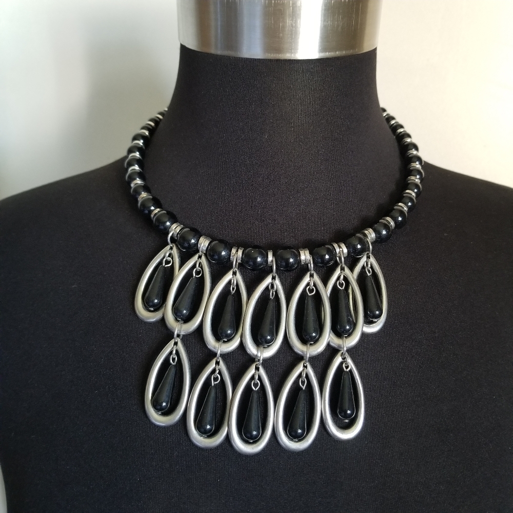 Chicos Silver Black Tear Drop Choker Necklace
